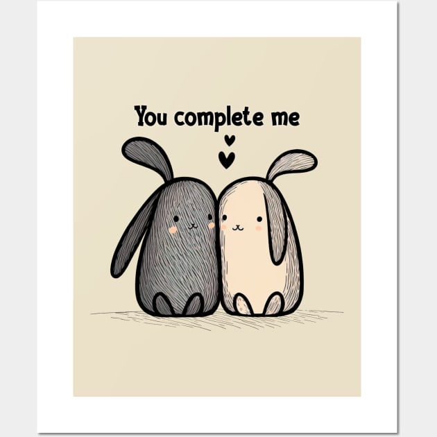 You Complete Me - Cute Bunnies in Love Wall Art by Unified by Design